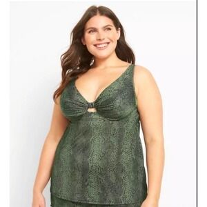 Cacique Swim Olive Green Snakeskin Plunge Underwire Adjustable Tankini Top 40 C